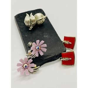 Lisner Earring Lot, 3 Pair, Signed, Vintage Clip-On Screw-Back, Scarce Flower AB
